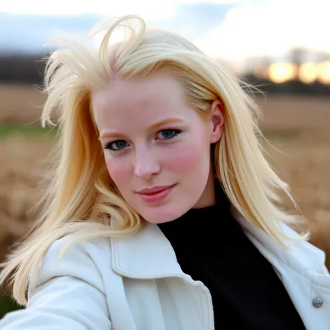 a close up film photo a beautiful young woman, carefree, happy, pale skin, freckles, blonde hair, full hair, white jacket, black turtleneck, posing, film grain, sunset