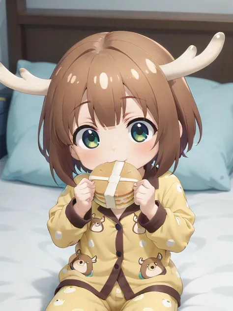 <lora:shika senbei pony:0.7> chibi girl eating senbei, bundle of round rice-crackers with band <lora:Shikanoko_Noko-54:0.7> shikanoko noko, deer horn, brown short hair, deer pajamas on bed