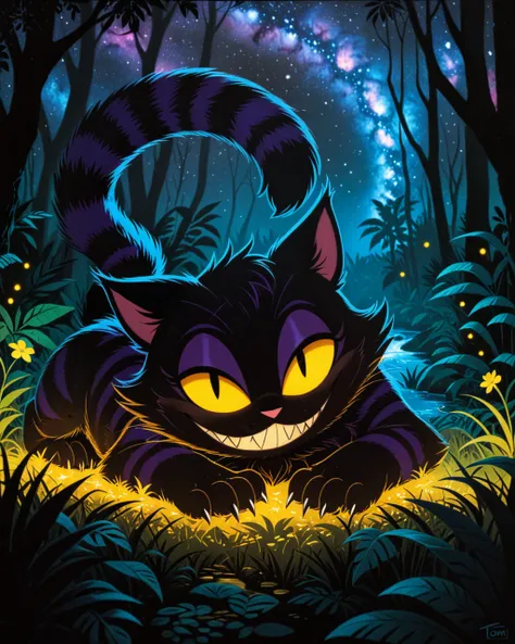 solo toony chibi cheshire cat, shadow creature, sharp teeth, stripes body, lying on front, looking at viewer, claws, glowing yellow eyes, big eyes, bedroom eyes, fluffy fur, smirk, BREAK, by Saul Bass, by Tomi Ungerer, detailed background, detailed foregro...