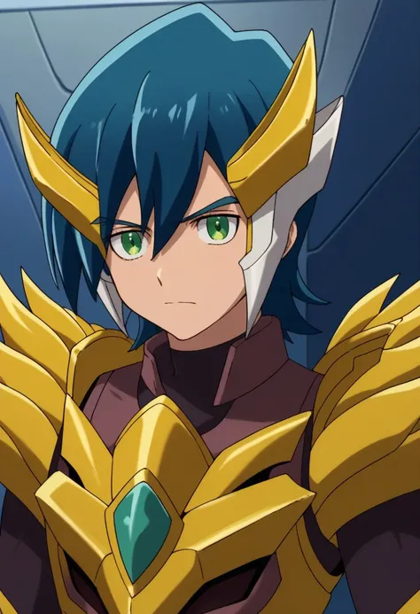 score_9, score_8_up, score_7_up, source_anime, highly detailed, 
hayato, 
solo, 1boy, male focus, upper body, green eyes, blue hair, standing, gaist yellow armor,