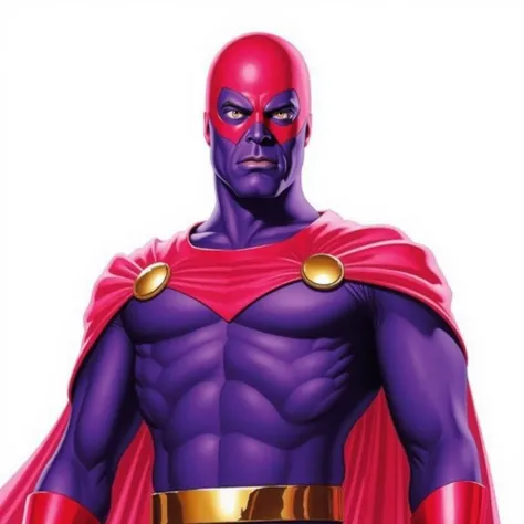 alex ross style,  The image features an illustration of a character from the Marvel Comics universe. This is not a illustration but rather a stylized representation of a comic book character. The character is depicted with purple skin and red armor, giving...