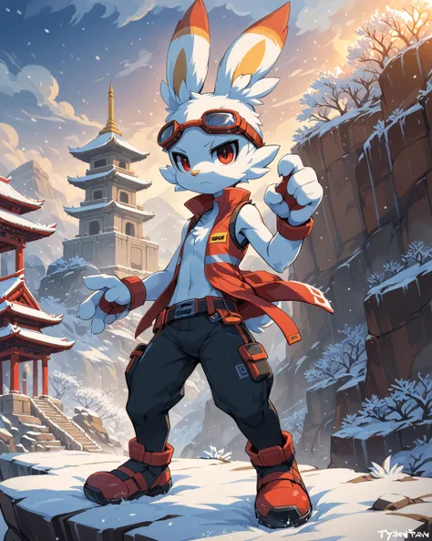 solo chibi king kazma scorbunny, white body, red eyes, serious face, action pose, safety goggles, red vest, black pants, belt, skinny, BREAK, by Tysontan, by Winte, detailed background, detailed foreground, depth of field, ambient silhouette, backlighting,...