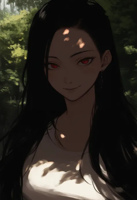 score_8_up, source_anime, woman, smile, stud earrings, long hair, black hair, red eyes, looking at viewer, seductive smile, light blush, outdoors, forest, shade, upper body, 
<lora:DarkerThanDarkV1:0.5>