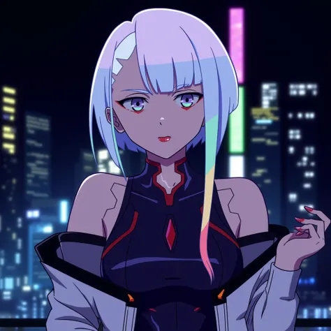 short hair, lucy (cyberpunk), 1girl, bangs, multicolored hair, red eyeliner, jacket, makeup, cyberpunk, white hair, bare shoulders, red lips, multicolored eyes, bodysuit, off-shoulder jacket, breasts, parted bangs, night, open clothes, off shoulder, blunt ...