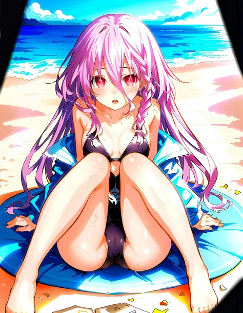 Sonogami, 1girl, solo, long hair, blush, worried, open mouth, bangs, braid, double braid, pink hair, pink eyes, on the beach, black swimsuit,