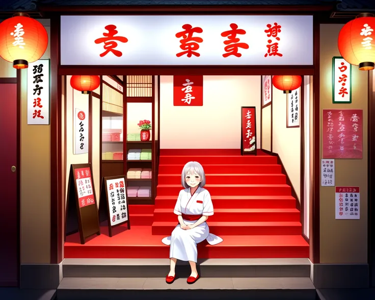 <lora:red_stairs_SDXL_v2:0.5>, red stairs, 80 years old woman, wrinkled skin, nasolabial folds, shop, paper_lantern, sign, east asian architecture, red light district, slippers, employee uniform, seiza sitting assistant proprietress and landlady, silver ha...