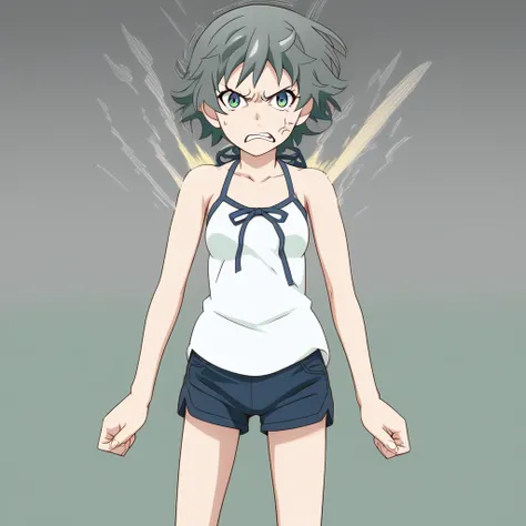 oikura sodachi,1girl,Angry,flipped hair,olive hair,green eyes,camisole,blue ribbon,blue short pants,