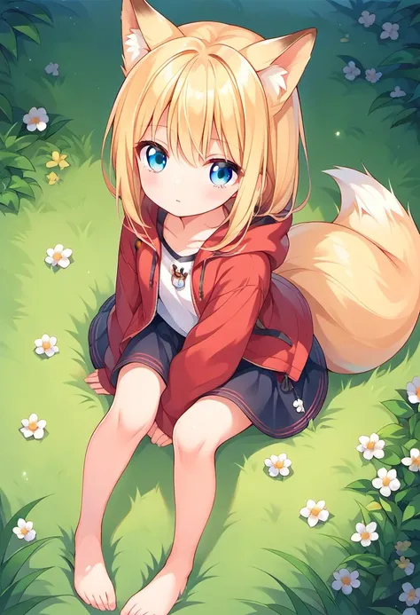 score_9, score_8_up, score_7_up, source_anime, 1girl, blonde hair, fox eats, fox tail, blue eyes, sitting, grass, cute, barefoot, red hooded jacket, skirt, blush