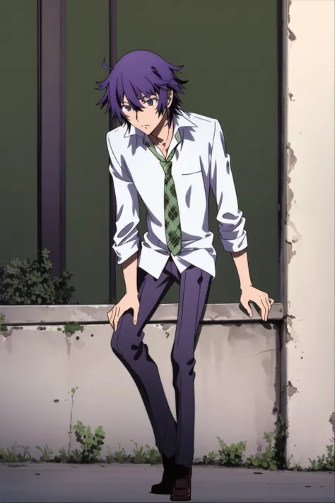 masterpiece, best quality, high quality, 1boy, solo, male focus,  <lora:NATSUNOYUUKI:0.8> purple hair, purple eyes, white shirt, school uniform, gray pants, green neckwear, brown shoes,