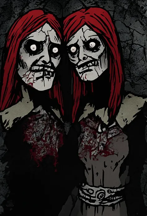 1girl, red hair, mutant, two heads, conjouned