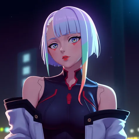 3d render, short hair, lucy (cyberpunk), 1girl, bangs, multicolored hair, red eyeliner, jacket, makeup, cyberpunk, white hair, bare shoulders, red lips, multicolored eyes, bodysuit, off-shoulder jacket, breasts, parted bangs, night, open clothes, off shoul...