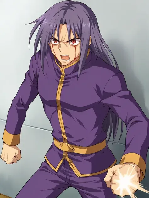 <lora:Ragou_Karasuma:0.7>
1boy, solo, karasumaonlyyou, yonragou, red eyes, long hair, purple hair, grey hair, purple shirt, long sleeves, purple pants, standing, serious, angry, open mouth, blood tears, punching,