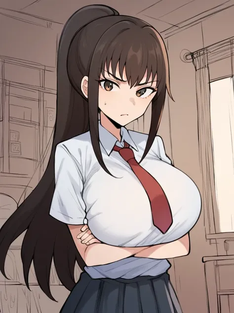 score_9, score_8_up, score_7_up, 
1girl, hikari mc, long ponytail, brown hair, brown eyes,

large breasts,

school uniform, white shirt, short sleeves, red necktie, crossed arms, frown, looking at viewer, standing, indoors, bedroom,