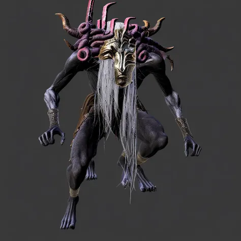 solo, 1boy, black nails, long hair, simple background, monster, humanoid, featureless chest, 3d, render, dark grey skin, dirty skin, white hair, horns, shirtless, gold mask, ankle guards, gauntlets, bending over while standing, standing, leaning forward, l...