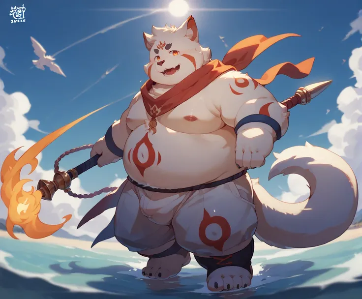 score_9,score_8_up,score_7_up,score_6_up,score_5_up,score_4_up,anthro,male,solo,full body,overweight,overweight male,fur,kemono,<lora:shuangmei:0.9>,masterpiece,best quality,<lora:hand 4:1>,orange eyes,5 toes,tail,sunshine,flame effect,marking,imprint,full...