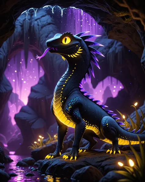 quadruped feral lizard (rain world), bioluminescence, short limbs, yellow eyes, big eyes, forked tongue, crystal creature, side view, (iguana:0.75), half-length portrait, BREAK, unreal engine, soft focus, purple light, yellow light, detailed background, fo...