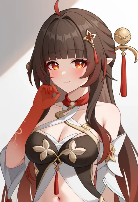 <lora:lingsha:1>,closed_mouth, looking_at_viewer, smile, simple_background, navel_cutout, cleavage, white_background, blush, hand_up, commentary_request, gold_trim, red_hands, gradient_skin, lingsha_(honkai:_star_rail), upper_body, colored_extremities, hig...