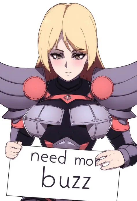 Highly detailed anime style picture, waist up portrait shot of a woman wearing metal medieval knight armor, breast plates and metal shoulder pads, blonde hair and black eyes, white background, holding a sign that says "need more buzz" <lora:D-ART-18dart5[F...