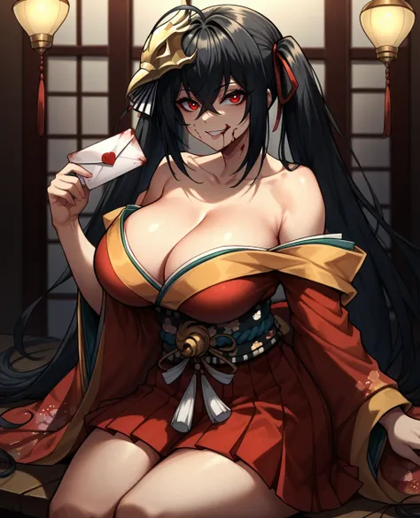 score_9, score_8_up, score_7_up, <lora:TaihouADF:1> TaihouDefault, 1girl, solo, black hair, long hair, hair between eyes, crossed bangs, ahoge, twintails, bird mask, mask on head, huge breasts, red kimono, red skirt, hakama short skirt, love letter, holdin...