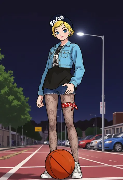 view from below, anime screencap, 1girl, g1nger, pantyhose, red bandana on leg, cap with text: "50/50", blue jacket, black shirt, blue shorts, view from below, night, backstreet