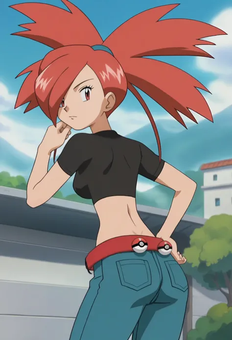 score_9, score_8_up, score_7_up, score_6_up, anime screencap, anime coloring, <lora:PMFlannery_epoch_7:0.7>, PMFlannery, red eyes, red hair, bangs, hair over one eye, ponytail, hair tie, breasts,
crop top, black shirt, short sleeves, belt, navel, midriff, ...