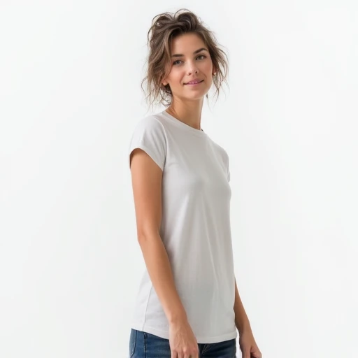 full-body image with a clear view from head to shoes of a gorgeous, (short neck), 38-year-old woman stands and (striking various dynamic and editorial poses) in a unisex, normal size, cotton, crewneck, short-sleeve, coloured t-shirt. slightly closed smile ...