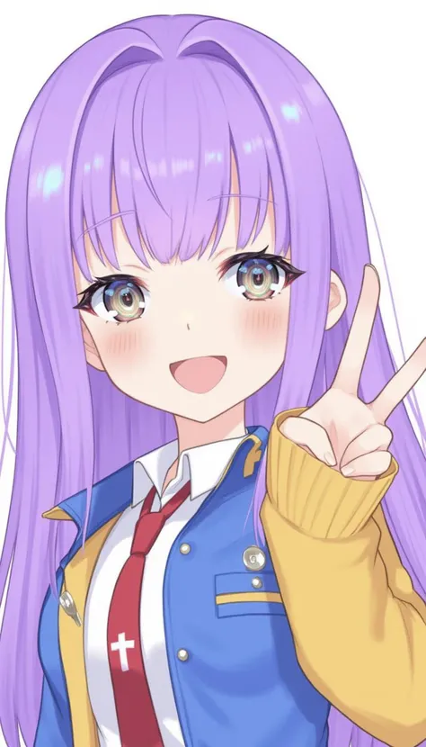 modern anime style, Anime girl with long purple hair. She is wearing a blue and yellow jacket with a white collared shirt underneath. The shirt has a red tie with a cross on it. The girl is making a peace sign with her hand.
