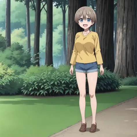 <lora:UcwA_HanaUzakiXLpony001>,
outdoors,nature,
solo,
open mouth,skin fang,smile,
HanaUzaki,1girl,brown hair,short hair,blue eyes,
large breasts,
full body,standing,
yellow shirt,long_sleeves,
denim shorts,