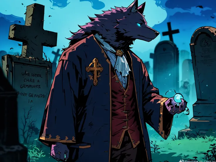 masterpiece, best quality, ddstyle, dsview,1 boy, wolf,furry,
The phantom wolf has a translucent form, glowing with a pale blue light and mysterious glimmers in its eyes. It wanders through a cursed graveyard, where weathered inscriptions cover the tombsto...