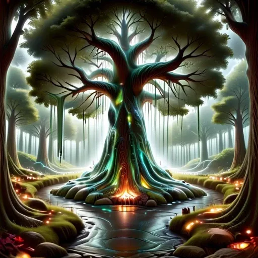 a tree made out of slime, dense-forest, Yggdrasil, a vast tree made out of slime, A large tree made out of slime, brown slime tree, translucent tree, transparent tree, trees made out of slime,  everything made of slime, No simple background, ((slime tree))...