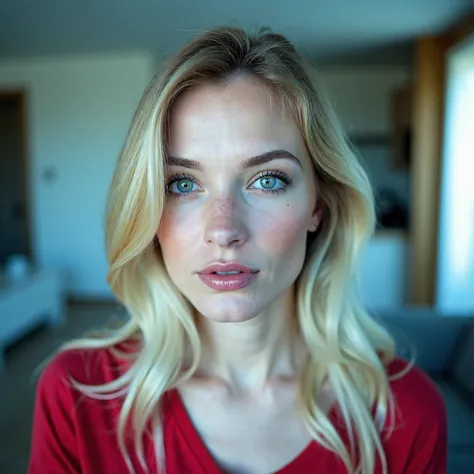 blond woman with blue eyes and freckled hair looking at camera