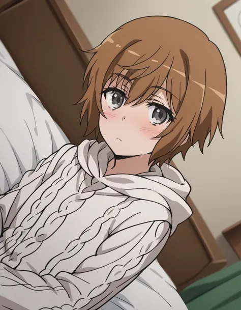 score_9, score_8_up, score_7_up, source_anime, <lora:saiai-kinuhata-s3-ponyxl-lora-nochekaiser:1>, saiai kinuhata, short hair, brown hair, grey eyes,, hood, sweater, hoodie,, indoors, bed, bed room, on side, blush, drunk, looking at viewer, solo,, cowboy s...