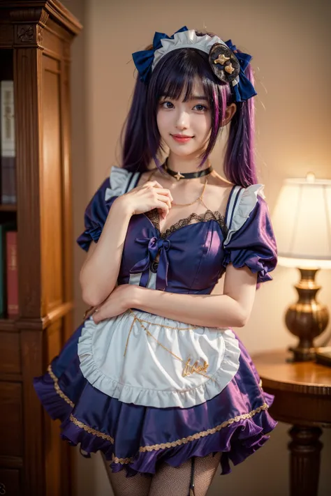 realistic, photorealistic, best quality, masterpiece, highres, 8k, RAW photo, ultra-detailed, cowboy shot, 1girl, solo, smile, looking at viewer, standing, mona cosplay costume, mona, cosplay, alternate costume, purple hair, long hair, twintails, maid, enm...