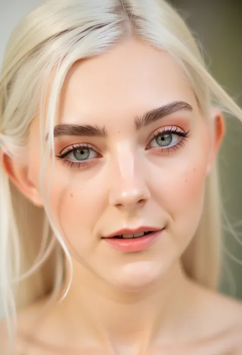 p3r5on close-up portrait, blonde hair, blue eyes, makeup emphasizing eyes and lips, pastel pink and peach shades, soft lighting, natural background, close-up composition, frontal view.