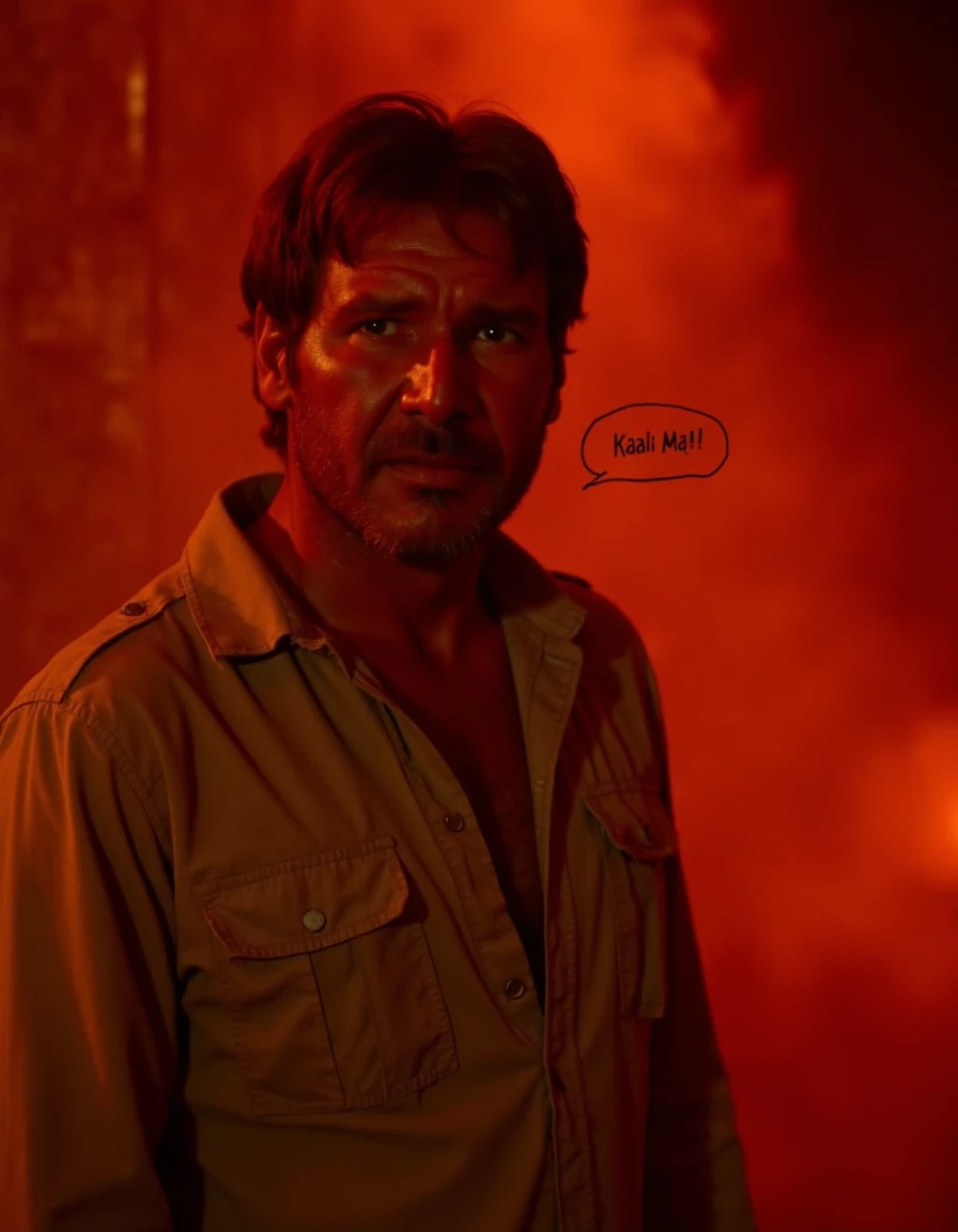 a closeup picture of 40 year old h4rr1s0nf as indiana jones standing in an ancient indian temple. A red hue of smoke fills the scene. The warm glow of lava emanates from underneath. A chat bubble above his head with the words "Kaali Maa!" . His face clearl...