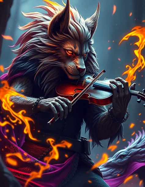 flux-beasts,anthropomorphic  lion man playing the violin,real fur skin fox ,a masterpiece, 8k resolution, dark fantasy concept art, by Greg Rutkowski, dynamic lighting, hyperdetailed, intricately detailed, Splash screen art, trending on Artstation, deep co...