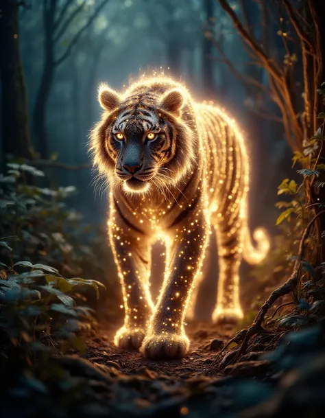 <lora:glowing_flux:1>,photography of a glowing tiger in jungle made of light,light particles,