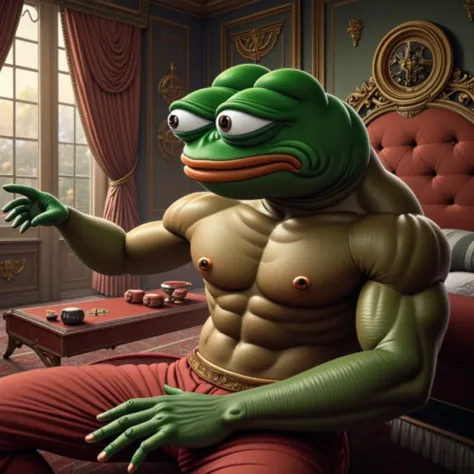 <lora:pepe-the-frog-flux:1.5>, "close portrait of Pepe_Frog in a bedrrom room looking lustful at you."