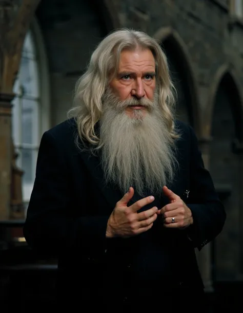 a picture of 80 year old h4rr1s0nf with a long white beard as professor dumbledore standing in hogwarts castle <lora:h4rr1s0nf-1600:1>