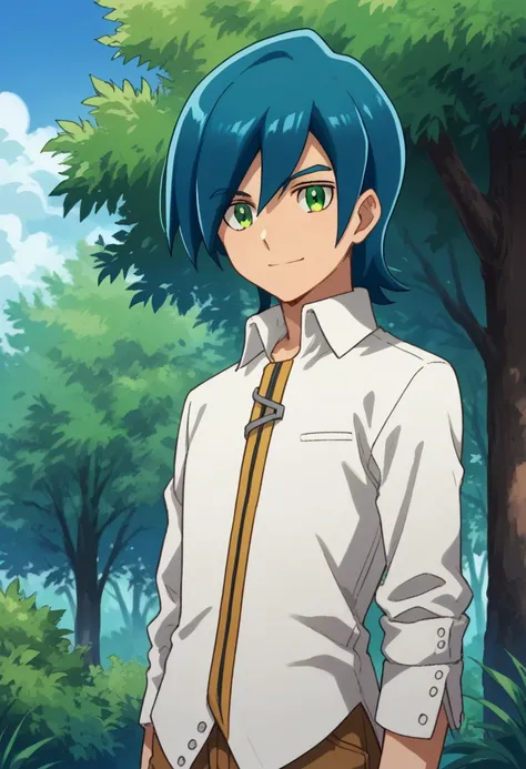 score_9, score_8_up, score_7_up, source_anime, highly detailed, 
hayato, solo, 1boy, male focus, upper body, green eyes, blue hair, standing, shirt,
pants, brown pants, white shirt, looking at viewer, smile,
outdoor, sky, tree