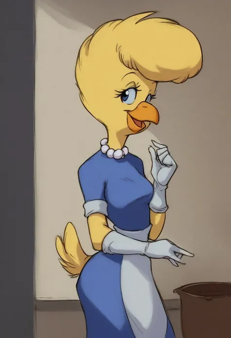 score_9, score_8_up, 1girl, Binkie Muddlefoot, yellow feathers, anthro bird,1950s, housewife, white gloves, white pearl necklace, standing, smiling, looking at viewer