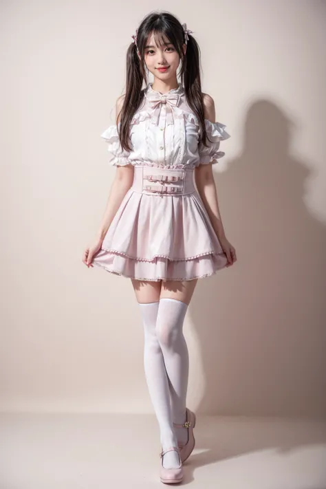 realistic, photorealistic, best quality, masterpiece, highres, 8k, RAW photo, ultra-detailed, full body, standing, 1girl, solo, smile, looking at viewer, black hair, twintails, jirai kei costume, jirai kei, shirt, skirt, frilled shirt, frills, lace, lace t...