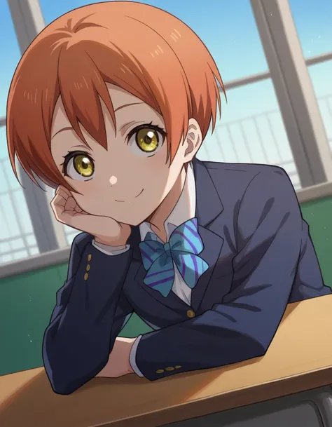 score_9, score_8_up, score_7_up, source_anime, <lora:rin-hoshizora-s1-ponyxl-lora-nochekaiser:1>, rin hoshizora, short hair, jacket, yellow eyes, orange hair, pixie cut,, skirt, school uniform, jacket, blazer, winter uniform, otonokizaka school uniform,, i...