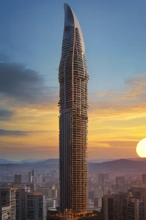 masterpiece,best quality,<lora:tbh399-:0.8>,design by Mario Botta Futuristic skyscraper with organic shapes, inspired by Zaha Hadid, gleaming under a sunset sky