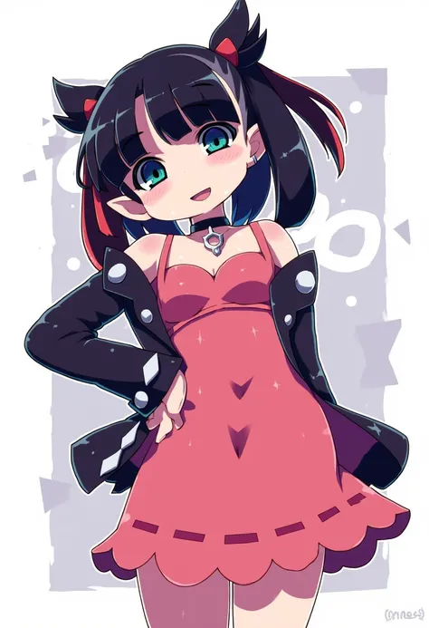 zzmarnie, black hair, aqua eyes, black choker, red ribbon, pink dress, jewelry, black jacket, open clothes, long sleeves,, break...