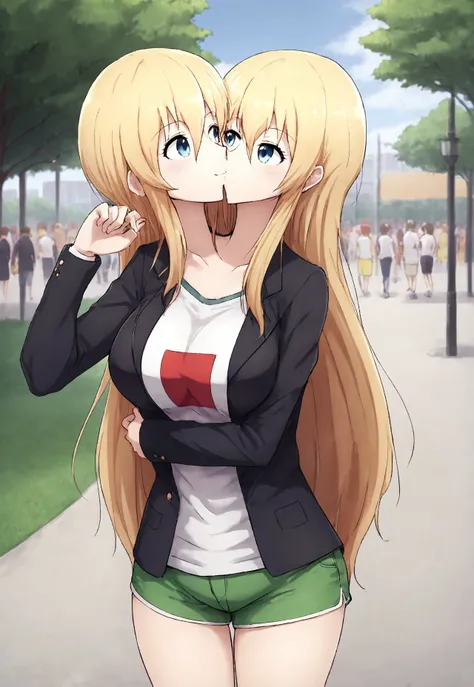 safe_pos, 8K, HD,<lora: Two_heads_XL_anime_trained_edition_for_pony:1.1>, Japan anime, BREAK two heads, female, very long hair, thick hair, 2 different hairstyles, 2 different colors of T-shirt separate from the middle, anime, BREAK female, 2 random color ...