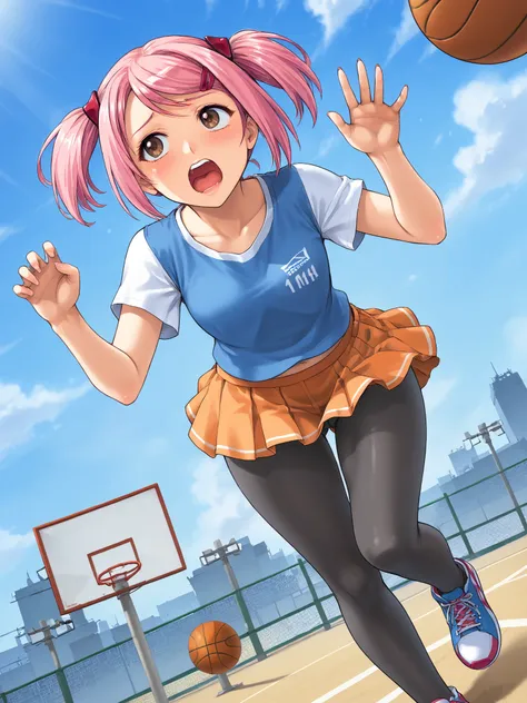 score_9, score_8_up, score_7_up, source_anime, BREAK
 detailed face, detailed eyes, full body, shy, embarrassed, outdoors, blue sky, basketball court, (dutch angle:), (perspective:1.5), (playing basketball:1.2), (running:1.5), (wavy, mouth, open mouth, upp...