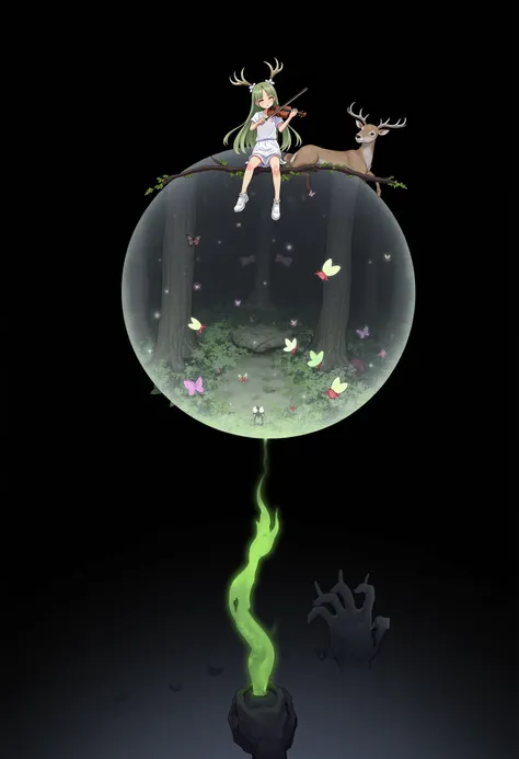 anime screencap, an anime screencap, 1girl, pitch black, a lone girl with long green hair and deer horns, a cute deer is resting next to her with butterflies escaping the bubble of a variety of summer colors, the bubble is coated in ethereal particles and ...