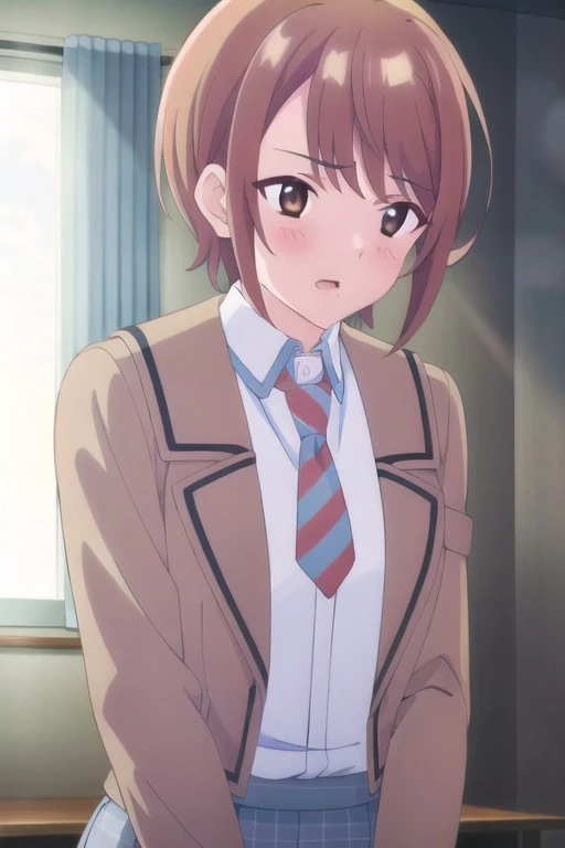 (masterpiece),jinguji rumi, short hair, brown hair, brown eyes, solo, necktie, school uniform, open mouth, 1girl, blush, shirt, indoors, white shirt, collared shirt, jacket, window