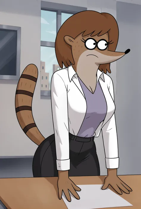 score_9, score_8_up, score_8,
<lora:Barbera_Regular_Show_for_PonyXL:0.8> 1girl, furry female, b4rber4, racoon, tail, solo, 
parody, source_cartoon,
suit, professional, secretary, desk, window,